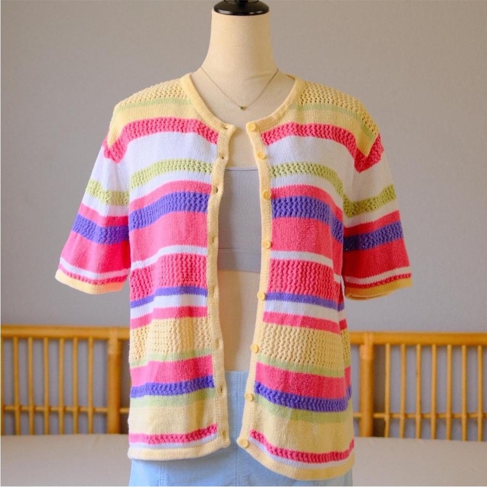 Cottagecore Pastel Stripe Knit Cardigan - Soft Girl Button Up